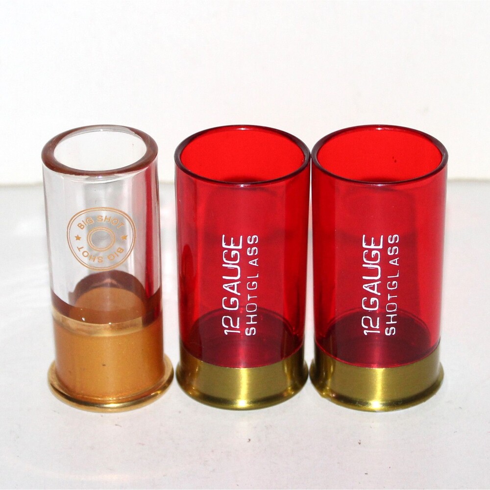 Lot 3 Shot Glass red clear shotgun shell 12 gauge glass plastic ammo bar drink